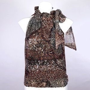Etcetera Sequin‎ Embellished Mixed Animal Print Tie Neck Women's Top